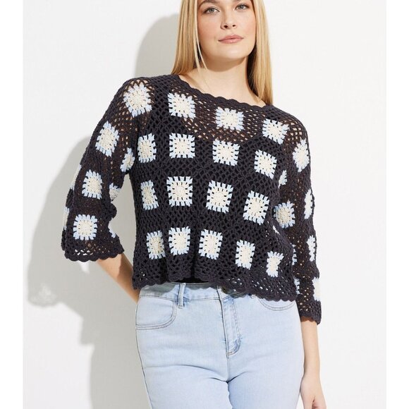 Women’s Sweater Crochet Open Navy Floral Granny Square Long Sleeve Boho Cottage - Picture 2 of 12